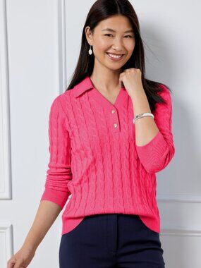 Talbots Hot Pink Cable Knit Johnny Collar Sweater Old Money Preppy Career Sz M